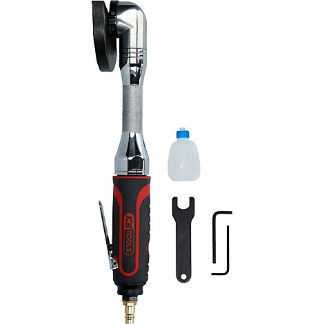 Meuleuse d'angle avec accessoires: bouteille, clé et clés Allen. Principalement argent et noir avec des touches de rouge.